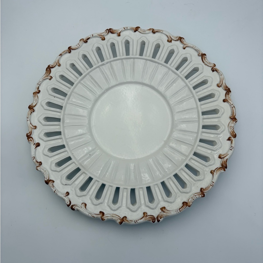 Elegant Reticulated White and Brown Decorative Platter Hand-painted, Italian